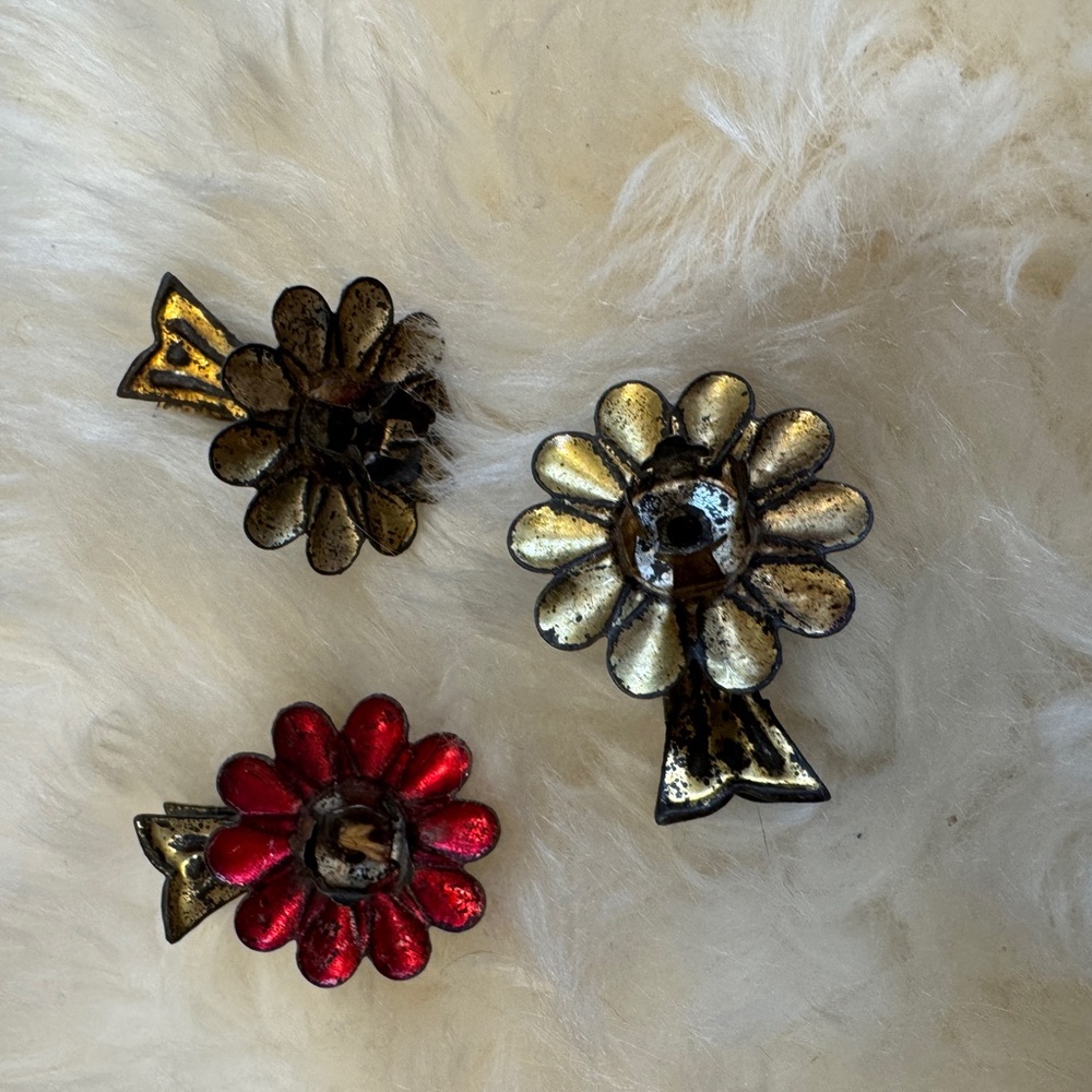 Antique Tin Floral Christmas candle/ornament clips. Set of 3
